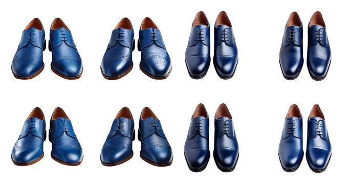 Elegant Blue Leather Dress Shoes Arranged in Stylish Layout, Bundle Set Collection, Isolated on Transparent Background