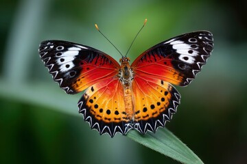 Obraz premium An orange red black white lacewing butterfly rests with outspread wings on a single green leaf