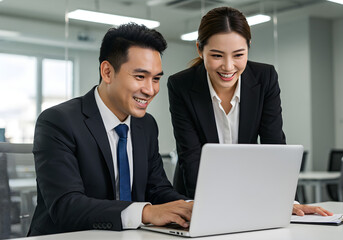 Obraz premium Asian Business Colleagues Working Together on Laptop in Modern Office | Teamwork and Collaboration for Corporate Success and Marketing