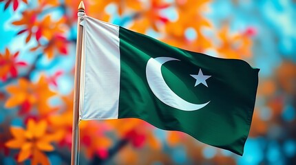 A pakistani flag billows gently in the wind, its vibrant green and white colors contrasting beautifully against a blurred backdrop of autumn leaves