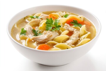 Bowl of chicken noodle soup with visible broth shell pasta shredded chicken sliced carrots and parsley garnish