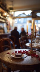 An intimate Valentine's dinner in a Parisian bistro, couple holding hands across rustic oak table with vintage candelabra 