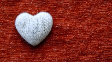 Knitted White Heart on Red Fabric Background Valentine's Day