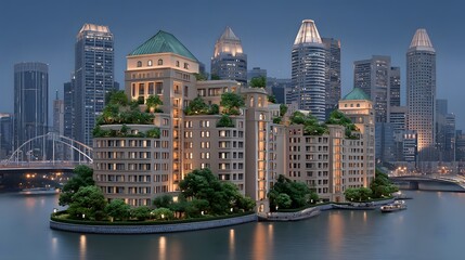 Fototapeta premium Luxurious Waterfront Apartment Building at Dusk Cityscape Modern architecture with green rooftop gardens