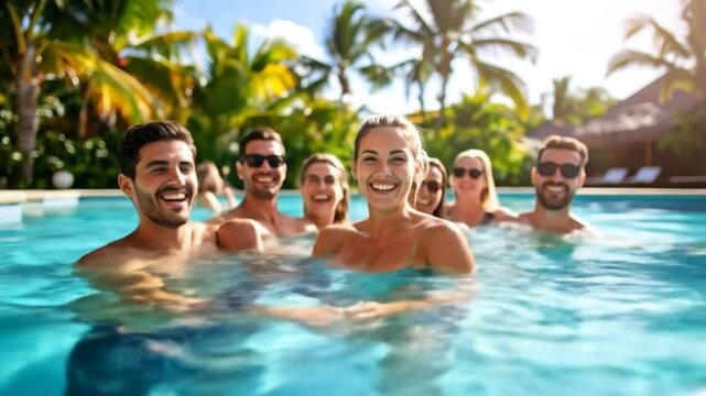 Group of Friends Enjoying a Relaxing Day Together in a Tropical Swimming Pool