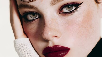Close-up shot of a woman with bold, dramatic makeup, showcasing strong eyeliner and dark red lips. Beautifully lit with a soft, warm tone.