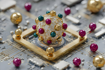 Abstract Circuit Board with a Central Sphere and Colorful Orbs Illustrating Data Flow