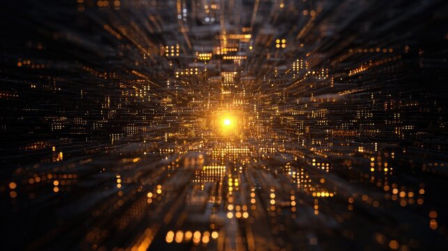 Fractal data tunnel made of glowing binary code strands, floating AI core emitting pulsating light waves, chrome particles forming neural network patterns, dark background with subtle blockchain hash 