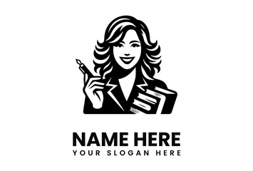 Woman holding a pen and books, smiling in a professional manner.