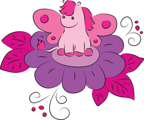 Cute little pink pony with pink butterfly wings sitting on a big fairy purple flower, hand drawn with a brush using black curving lines