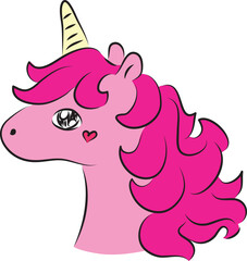 Head of a pink cute unicorn pony with a curly pink mane, side view, hand drawn with a brush using black curving lines
