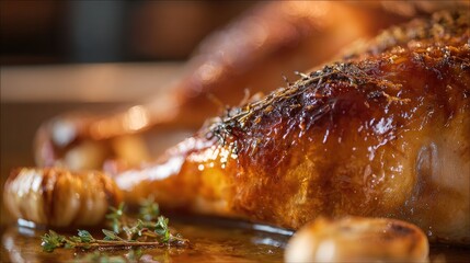 Ultra-detailed macro shot of perfectly glazed Thanksgiving turkey, crispy golden skin with herb crust, juices dripping onto roasting pan, surrounded by roasted garlic and thyme sprigs