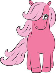 Cute pink pony with long bangs and wavy mane standing and looking at camera, front view