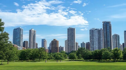 Obraz premium Distant Cityscape Featuring Cluster of High-Rise Apartment Buildings Against a Calm Urban Horizon
