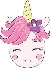 Head of happy cute white unicorn pony with pink mane and purple flower in hair, front view, hand drawn with a brush using black curving lines