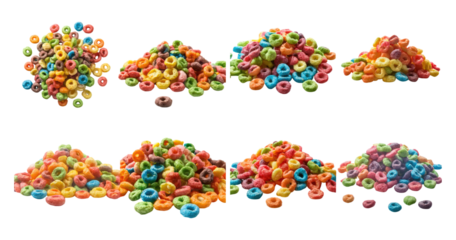 Bright Colorful Cereal Rings in Various Piles on White Background, PNG bundle collection, Isolated on Transparent Background