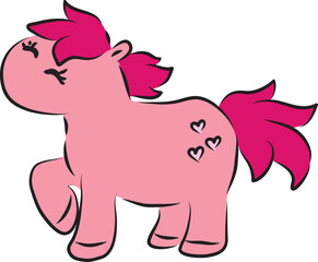 A cute little pink pony stands happily with one front hoof raised, the pony has little hearts on her rump, hand drawn with a brush using black curving lines