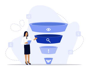 Funnel analysis concept illustration. Suitable for landing page, ui, web, App intro card, editorial, flyer, and banner.