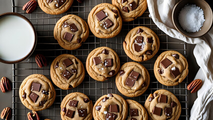 Fototapeta premium A top-down, overhead shot of freshly baked chocolate chip cookies scattered across a cooling rack. The cookies are golden brown