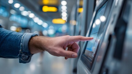 A person using a touchscreen interface to access information or services in a modern, brightly lit public space; focusing on technology.