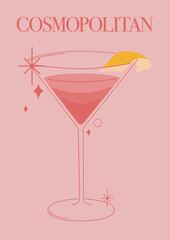 Cosmopolitan cocktail vector. Vibrant pink drink illustration. Bar menu and party promo design