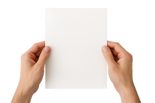 Hands holding blank paper sheet isolated on transparent background