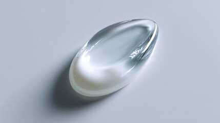 A smooth, translucent glass object with an oval shape, casting a soft shadow on a light gray surface, creating a minimalist and modern aesthetic.