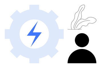 Obraz premium Blue gear with a lightning bolt symbol, black user icon, and abstract plant leaves evoke themes of energy, sustainability, and user interaction. Ideal for efficiency, renewable energy, teamwork
