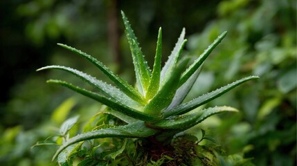 Fototapeta premium Close-up of a vibrant green aloe vera plant with water droplets, set against a lush, blurred natural background.