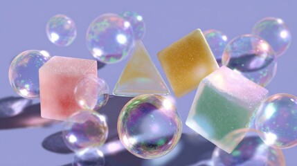 Iridescent bubbles and colorful geometric shapes float against a soft purple background, creating a dreamy and abstract visual effect.