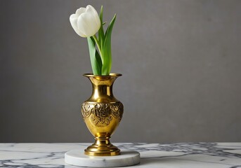 White tulip in gold vase on marble