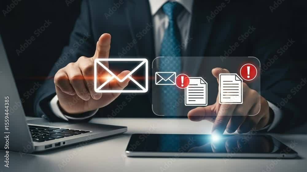 Poster a person in a suit interacting with email and document icons on a tablet device and laptop