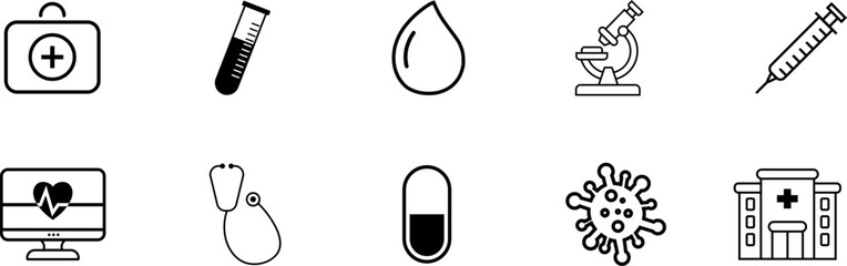 Medical and health icon set. First aid kit, serum, blood, microscope, syringe, stethoscope, hospital, virus, tablet and pill. Pharmacy concept