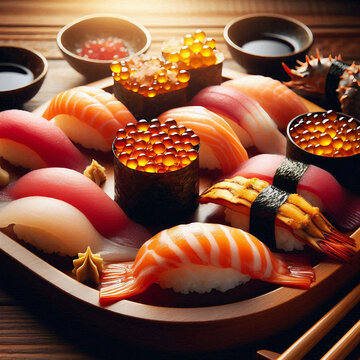 Sushi platter with uni, otoro and ikura, with Japanese wooden table backdrop, warm ambient lighting and soft focus"