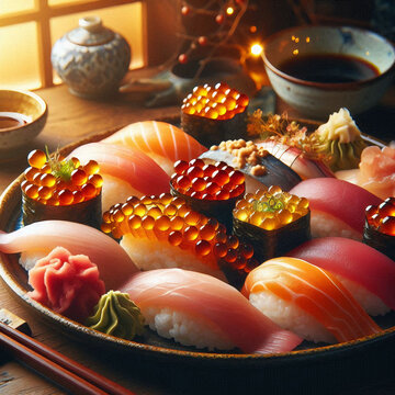 Sushi platter with uni, otoro and ikura, with Japanese wooden table backdrop, warm ambient lighting and soft focus"