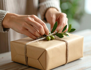 Person wrapping a kraft paper gift with twine and green foliage on a wooden table