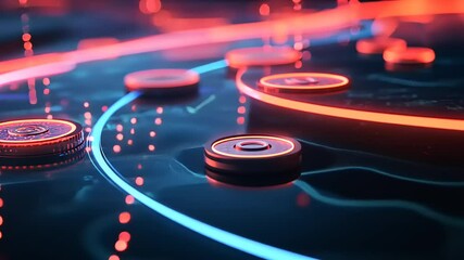 Abstract digital landscape featuring illuminated pathways and coins, symbolizing technology and finance - Powered by Adobe