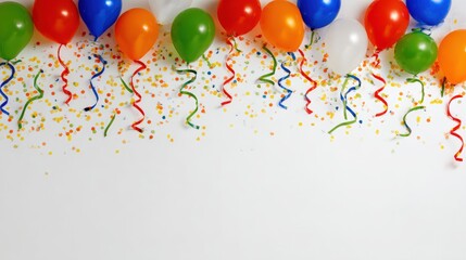 Colorful balloons and confetti with streamers create a festive celebration atmosphere on a white background.