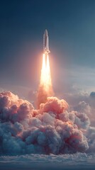 A powerful rocket ascends, leaving a trail of fire through the clouds. A symbol of ambition and exploration reaching for new horizons.