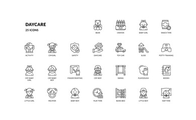 Outline daycare and baby care icon set for preschool and learning