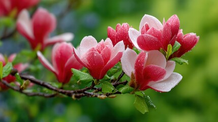 Obraz premium Close-up of pink magnolia flowers with dew drops on a branch against a blurred green background.