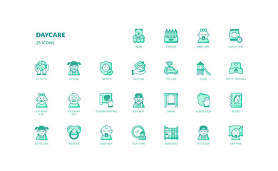 Daycare activity and children icon set for preschool and baby care