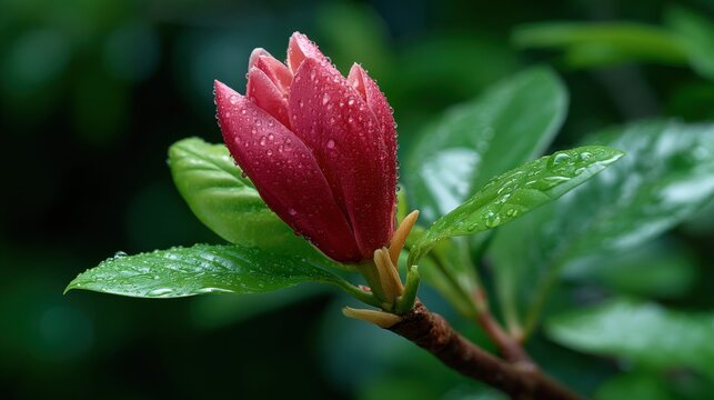 Close-up of a red flower bud with dewdrops on green leaves, set against a blurred natural background.