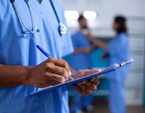 Healthcare worker in blue scrubs writing on a clipboard with stethoscope in bright medical environment