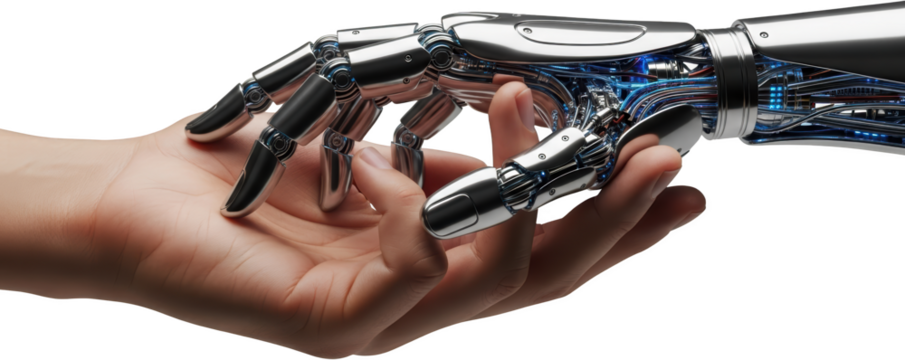 Robotic hand's metallic fingers with illuminated blue wiring connect with a human hand's open palm