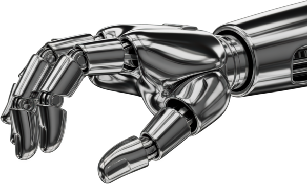 Chrome Robotic Hand With Articulate Fingers Extended Forward Polished Metallic Cyborg Limb Transparent Background