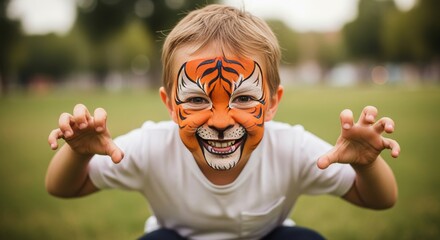 Child with tiger face paint playing in the park during a sunny afternoon