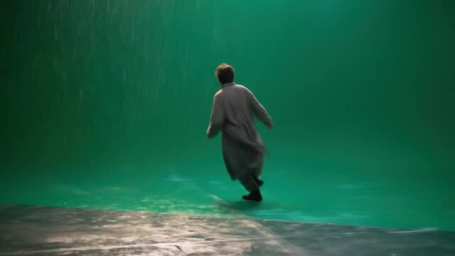 A person in a coat running away from the camera in front of a green screen in a studio setting