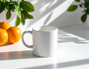 Plain white mug on sunlit marble surface with scattered oranges and green leafy accents