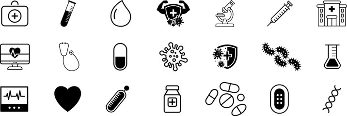 Set of medicine and health icons. Collection health care medical sign for mobile and web. The set contains icons: healthcare, medicine, hospital, stethoscope, virus, syringe, serum, first aid kit, etc